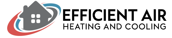 Logo for Efficient Air Heating and Cooling featuring a gray house icon with red and blue swooshes, and the company name in black text to the right.