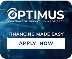 Optimus logo with the tagline "Contractor financing made easy" and a button labeled "Apply Now" on a blue digital background.